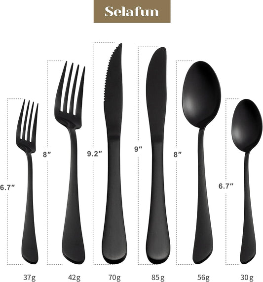 24 Piece Matte Black Flatware Set.Stainless Steel Matte Black Silverware Set Titanium Plating Tableware Cutlery Set. Utensil Set for Kitchens. Dishwasher Safe(Service for 4)