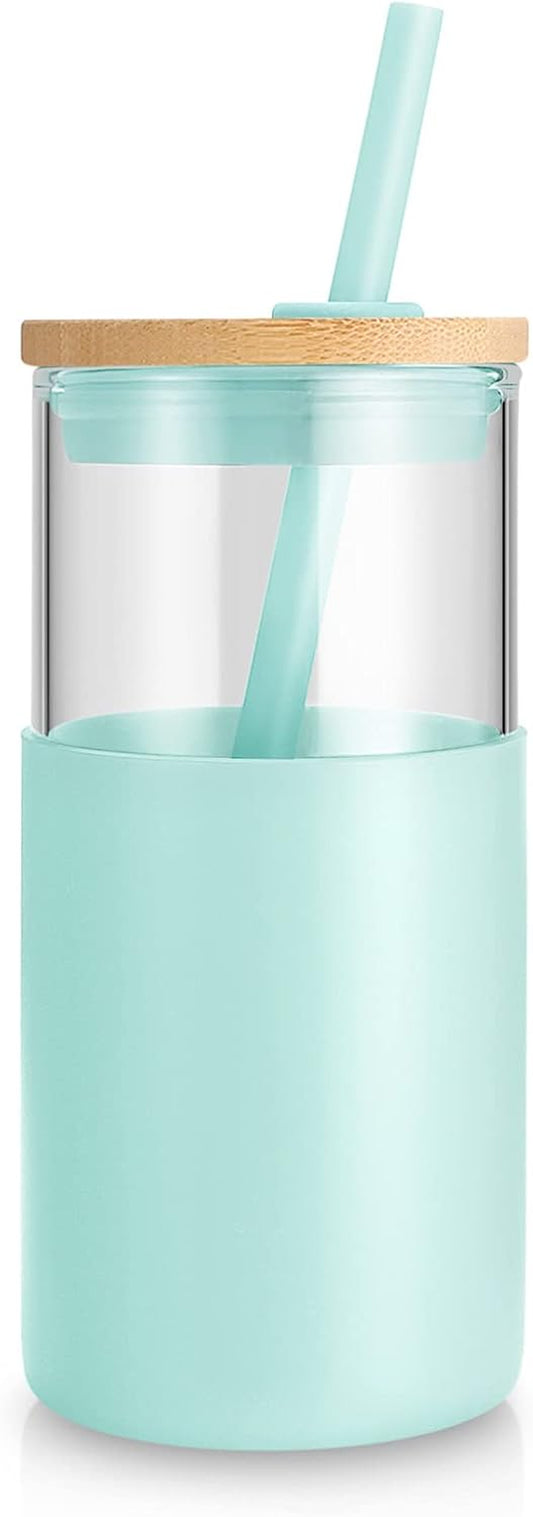 ® 16 Oz Glass Tumbler with Lids and Straw, Reusable Iced Coffee Cup & Smoothie Cup with Bamboo Lid, Silicone Sleeve, Dishwasher Safe, Bpa-Free Borosilicate Glass, 1 Pack