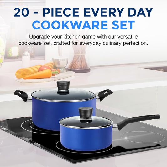 20-Piece Blue Cookware Set with Knives - Includes Multi-Sized Pots and Pans Set Non Stick with Lids and Utensils, Heat Resistant, Dishwasher Safe