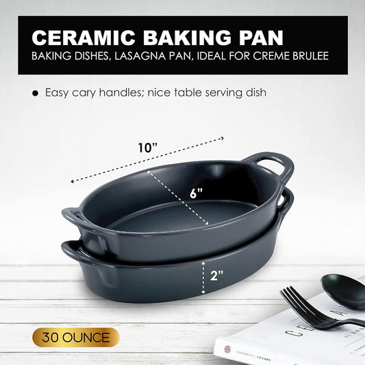 10" X 6" Oval Ceramic Deep Dish Pie Pan Set of 2, Cute Ceramic Pie Pan, Au Gratin Baking Dishes for Oven, Ceramic Pie Baking Dish for Dinner - Black