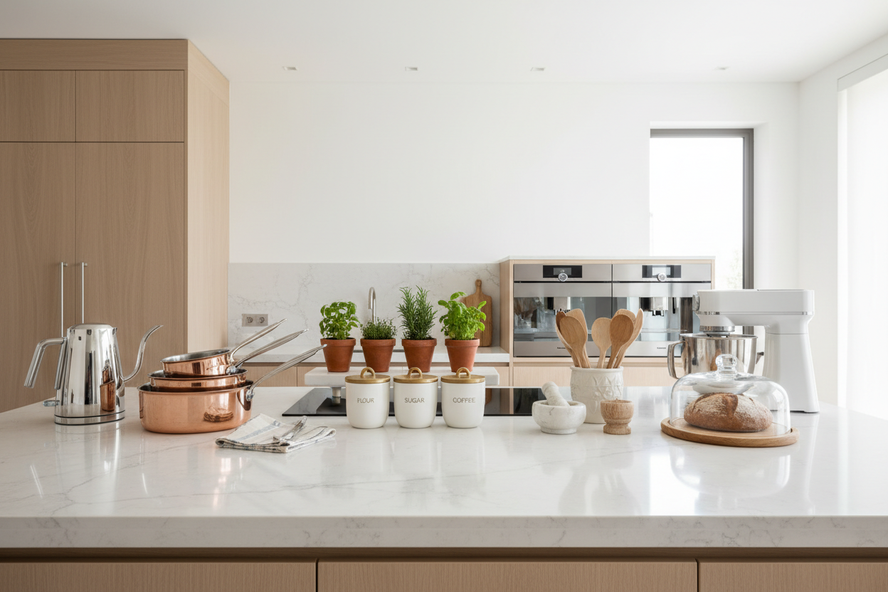 mesada de cocina de frente con todas sus cosas de cocina lujosa y de colores claros 